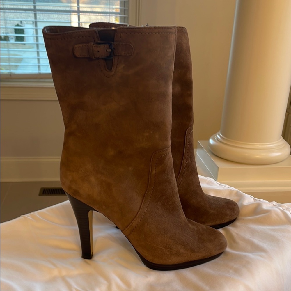 Anne Klein Suede Tan Heeled Midi Boots